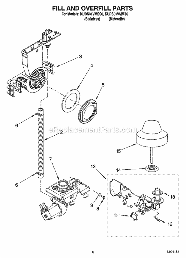 KitchenAid KUDS01VMMT6 Dishwasher Fill and Overfill Parts Diagram