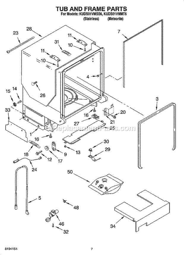 KitchenAid KUDS01VMMT6 Dishwasher Tub and Frame Parts Diagram