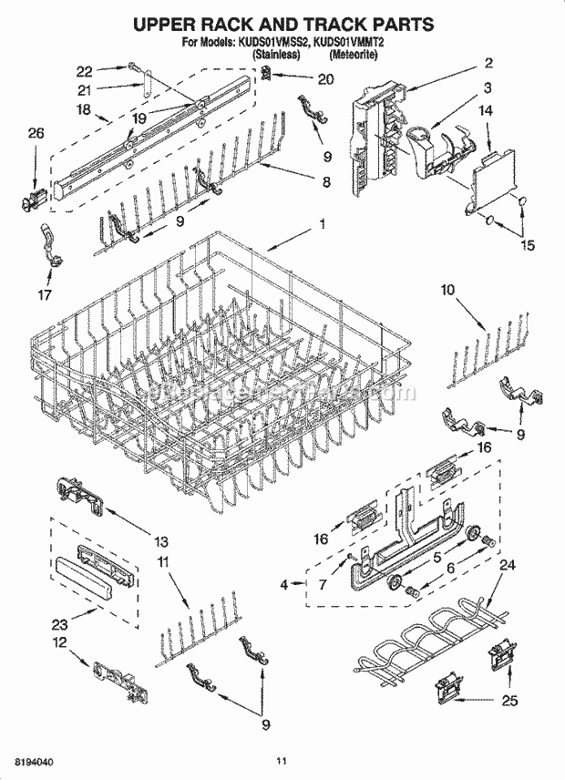 KitchenAid KUDS01VMSS2 Dishwasher Upper Rack and Track Parts Diagram