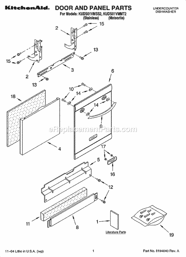 KitchenAid KUDS01VMSS2 Dishwasher Door and Panel Parts Diagram