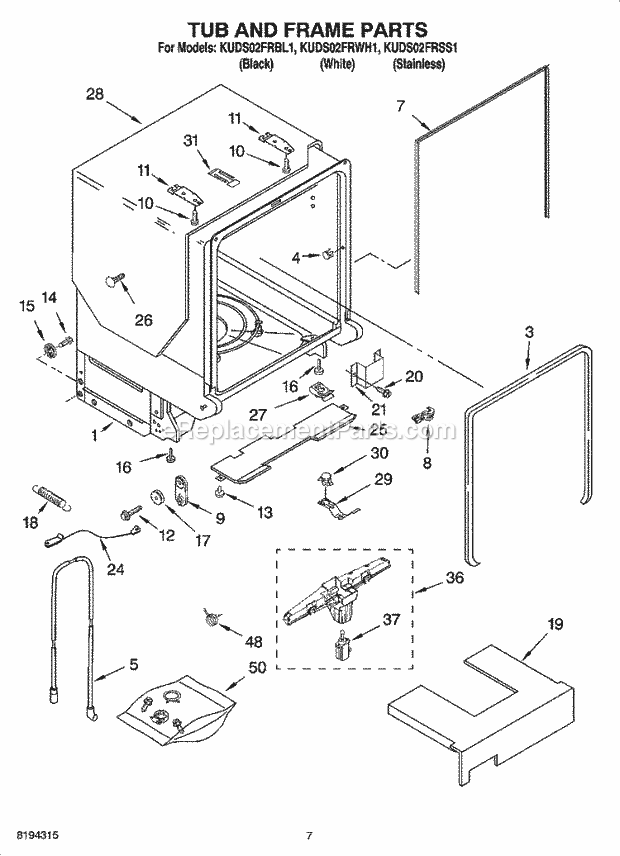 KitchenAid KUDS02FRSS1 Dishwasher Tub and Frame Parts Diagram