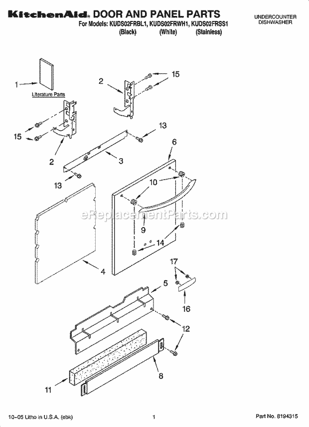 KitchenAid KUDS02FRSS1 Dishwasher Door and Panel Parts Diagram