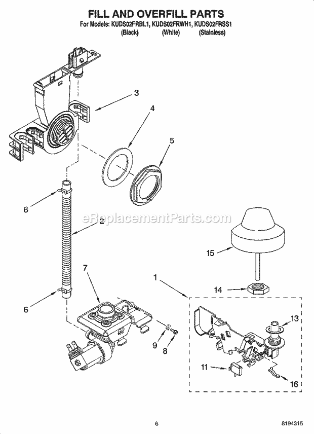 KitchenAid KUDS02FRSS1 Dishwasher Fill and Overfill Parts Diagram