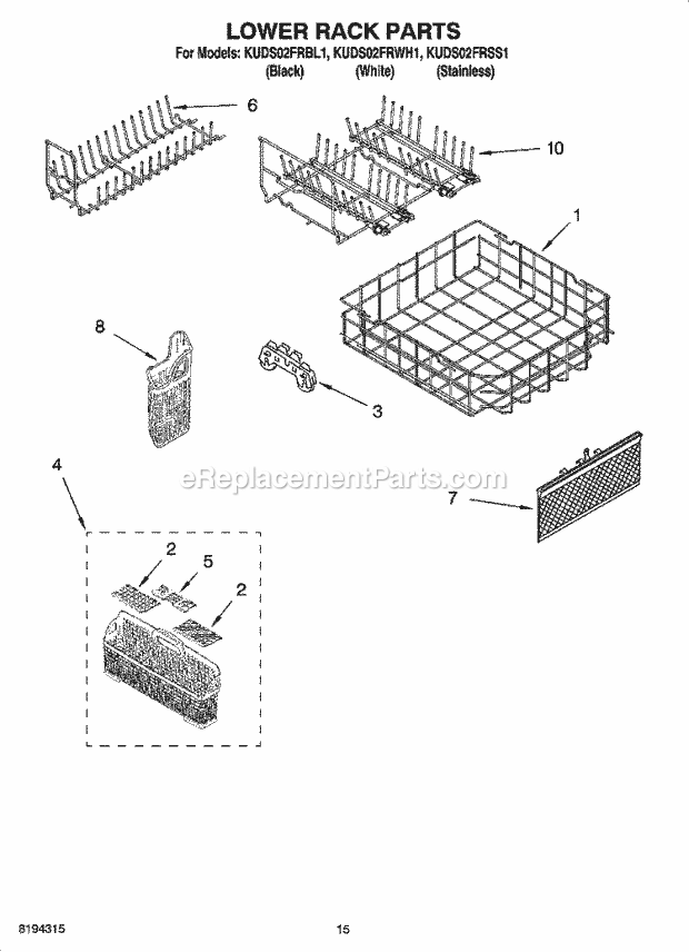 KitchenAid KUDS02FRSS1 Dishwasher Lower Rack Parts, Optional Parts (Not Included) Diagram