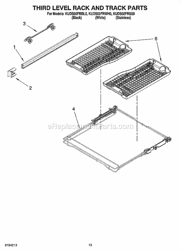 KitchenAid KUDS02FRWH0 Dishwasher Third Level Rack and Track Parts Diagram