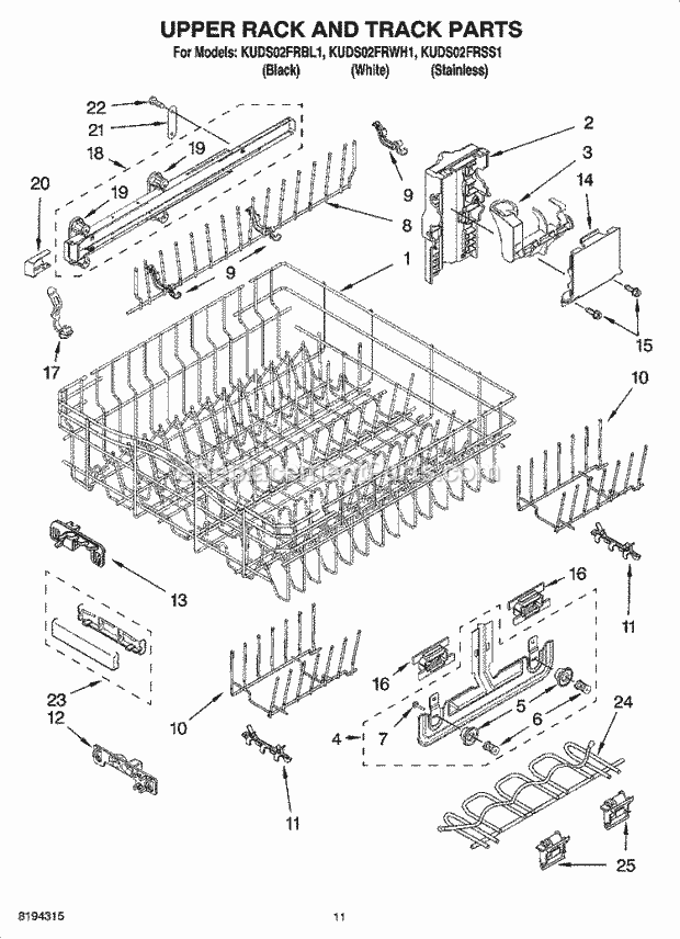 KitchenAid KUDS02FRWH1 Dishwasher Upper Rack and Track Parts Diagram