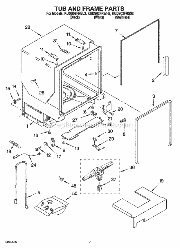 KitchenAid KUDS02FRWH2 Dishwasher Tub and Frame Parts Diagram