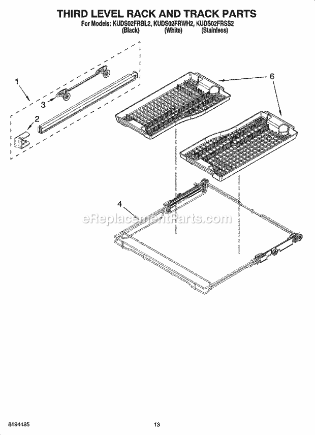 KitchenAid KUDS02FRWH2 Dishwasher Third Level Rack and Track Parts Diagram