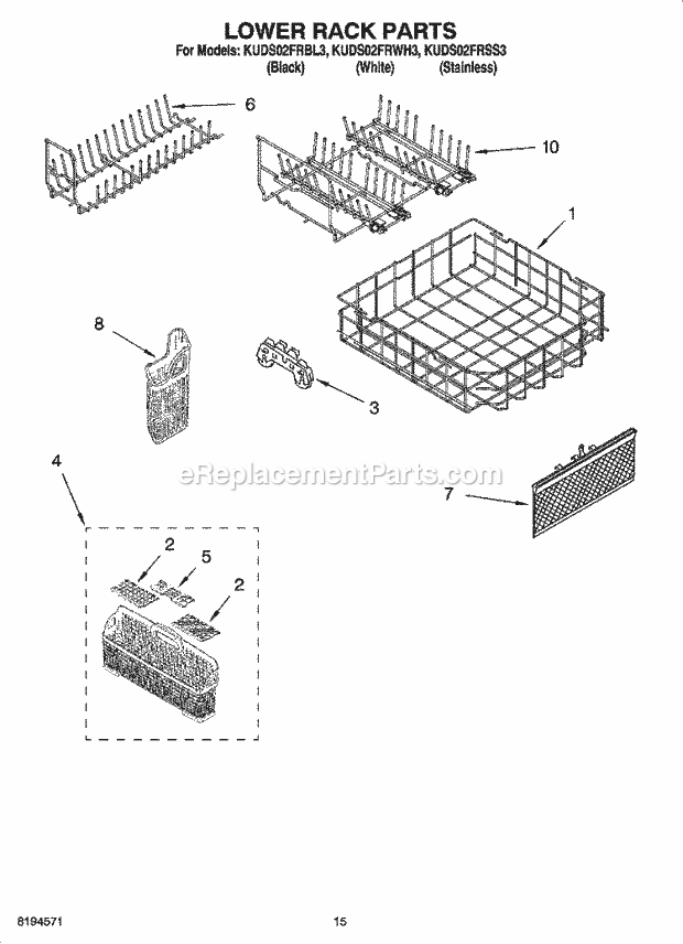 KitchenAid KUDS02FRWH3 Dishwasher Lower Rack Parts, Optional Parts (Not Included) Diagram