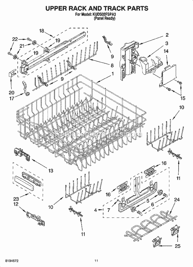 KitchenAid KUDS02FSPA3 Dishwasher Upper Rack and Track Parts Diagram