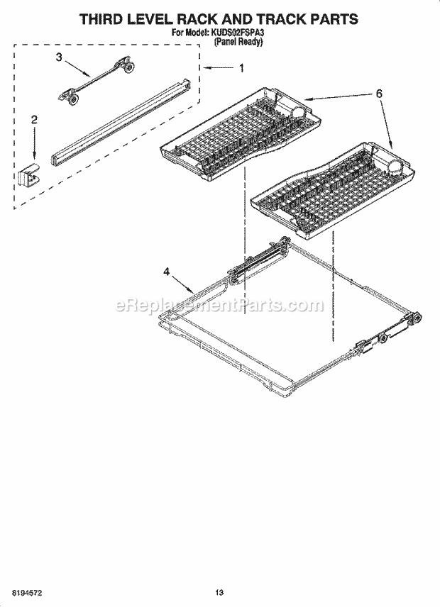 KitchenAid KUDS02FSPA3 Dishwasher Third Level Rack and Track Parts Diagram