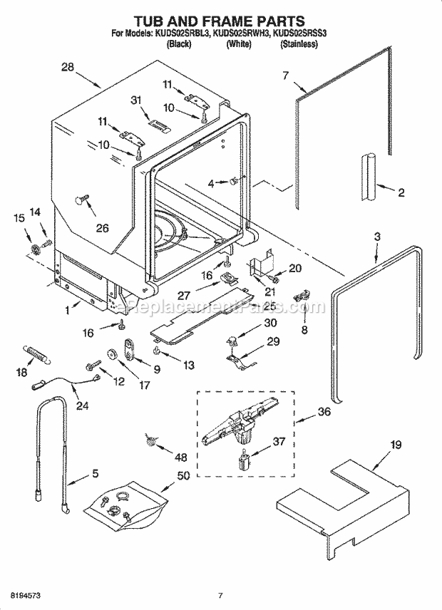 KitchenAid KUDS02SRBL3 Dishwasher Tub and Frame Parts Diagram