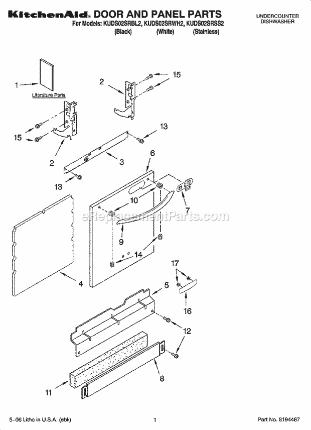 KitchenAid KUDS02SRSS2 Dishwasher Door and Panel Parts Diagram