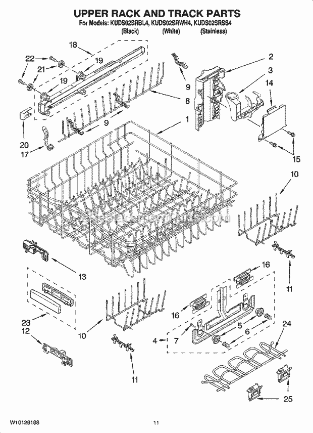 KitchenAid KUDS02SRSS4 Dishwasher Upper Rack and Track Parts Diagram