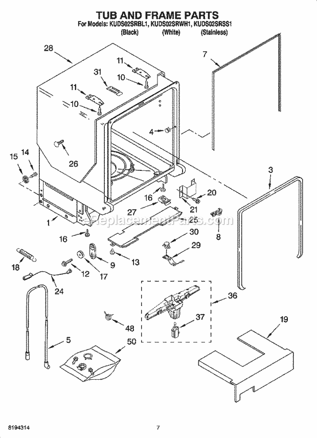 KitchenAid KUDS02SRWH1 Dishwasher Tub and Frame Parts Diagram