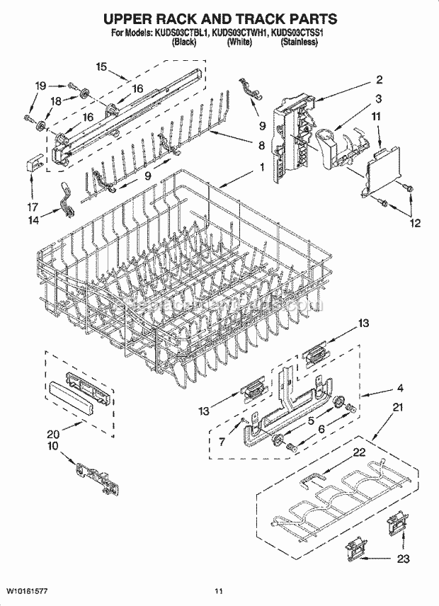 KitchenAid KUDS03CTBL1 Dishwasher Upper Rack and Track Parts Diagram