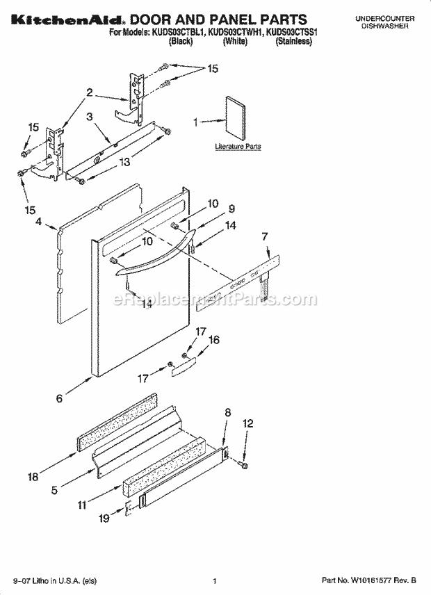 KitchenAid KUDS03CTBL1 Dishwasher Door and Panel Parts Diagram