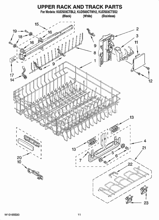 KitchenAid KUDS03CTWH2 Dishwasher Upper Rack and Track Parts Diagram
