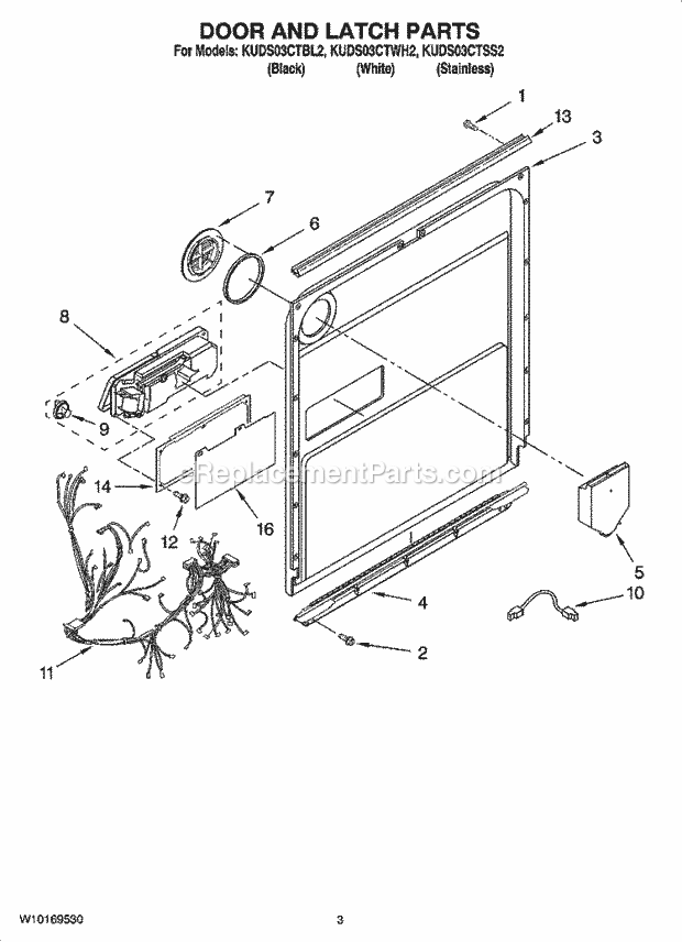 KitchenAid KUDS03CTWH2 Dishwasher Door and Latch Parts Diagram