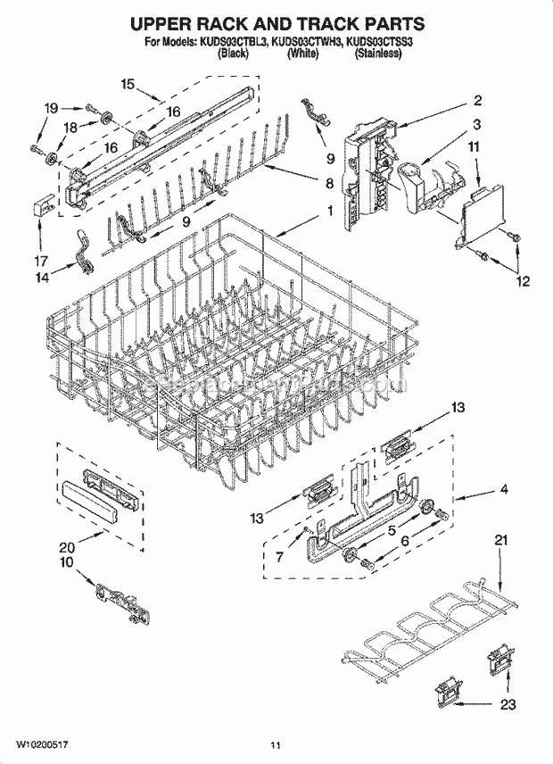 KitchenAid KUDS03CTWH3 Dishwasher Upper Rack and Track Parts Diagram