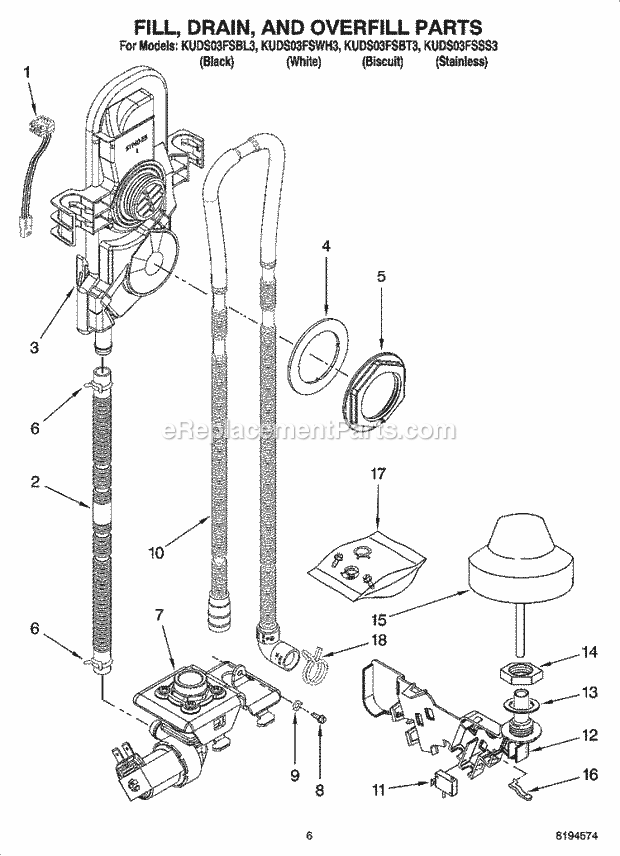 KitchenAid KUDS03FSBL3 Dishwasher Fill, Drain, and Overfill Parts Diagram