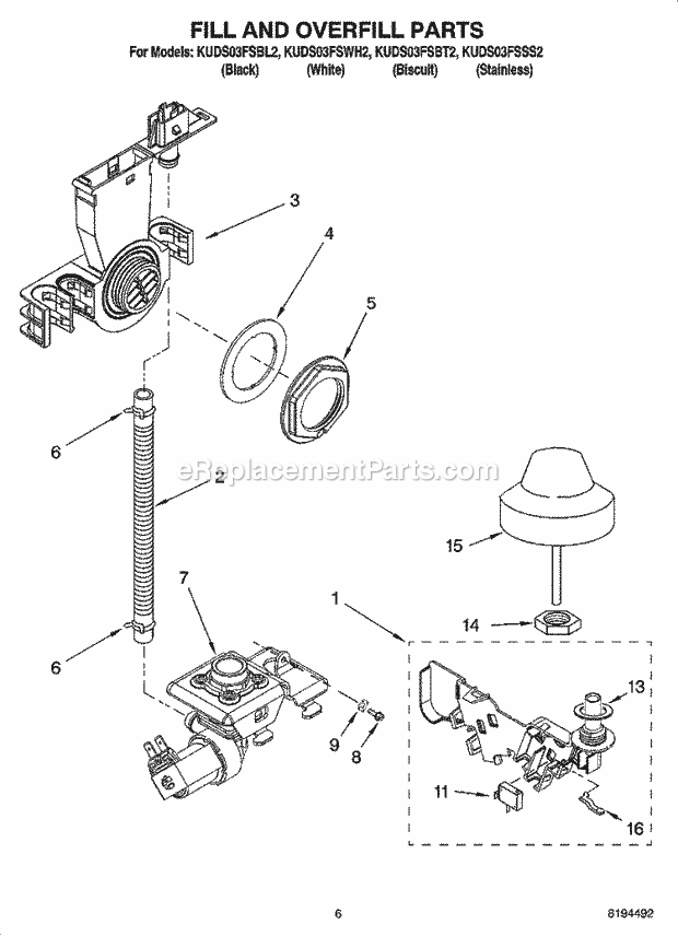 KitchenAid KUDS03FSBT2 Dishwasher Fill and Overfill Parts Diagram