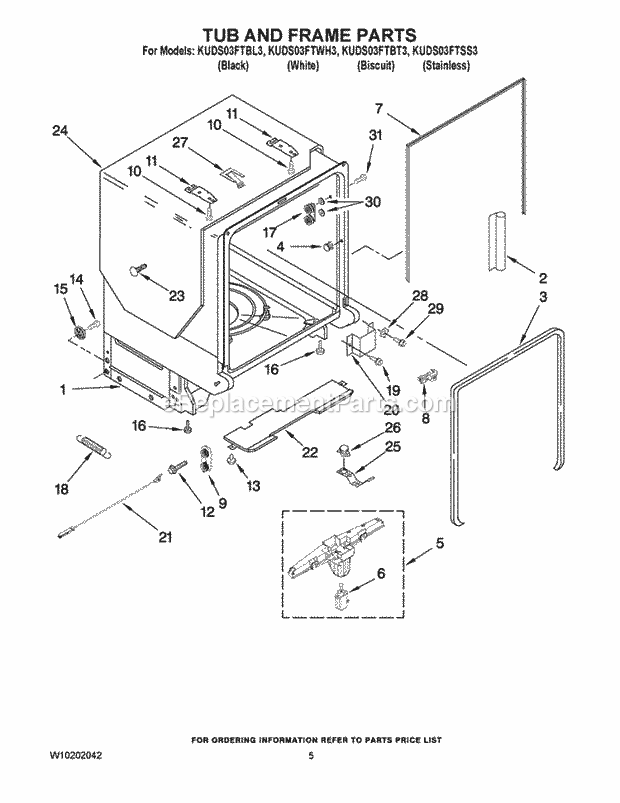 KitchenAid KUDS03FTBT3 Dishwasher Tub and Frame Parts Diagram