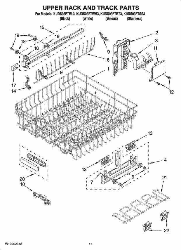 KitchenAid KUDS03FTBT3 Dishwasher Upper Rack and Track Parts Diagram