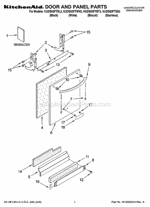 KitchenAid KUDS03FTBT3 Dishwasher Door and Panel Parts Diagram