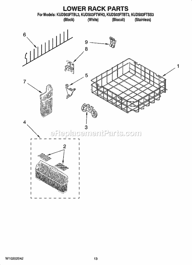 KitchenAid KUDS03FTBT3 Dishwasher Lower Rack Parts Diagram