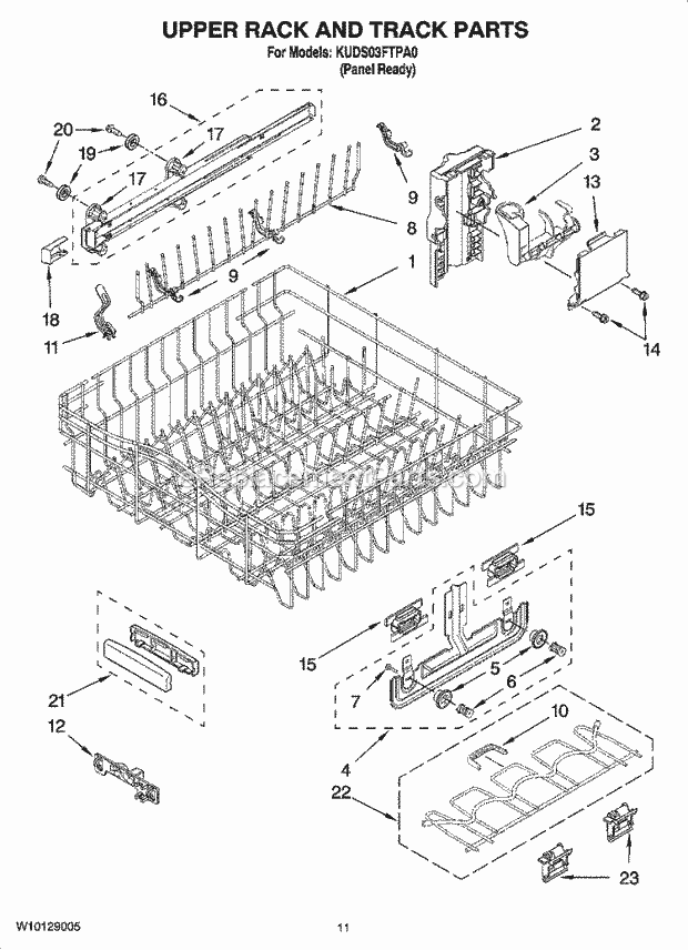 KitchenAid KUDS03FTPA0 Dishwasher Upper Rack and Track Parts Diagram