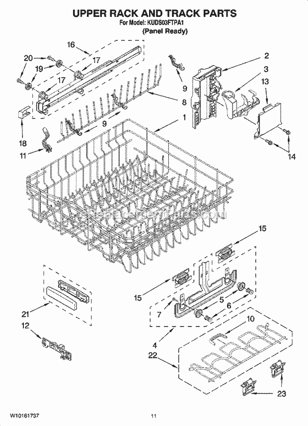 KitchenAid KUDS03FTPA1 Dishwasher Upper Rack and Track Parts Diagram