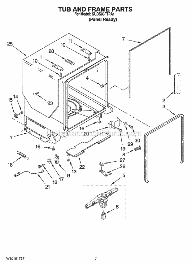 KitchenAid KUDS03FTPA1 Dishwasher Tub and Frame Parts Diagram