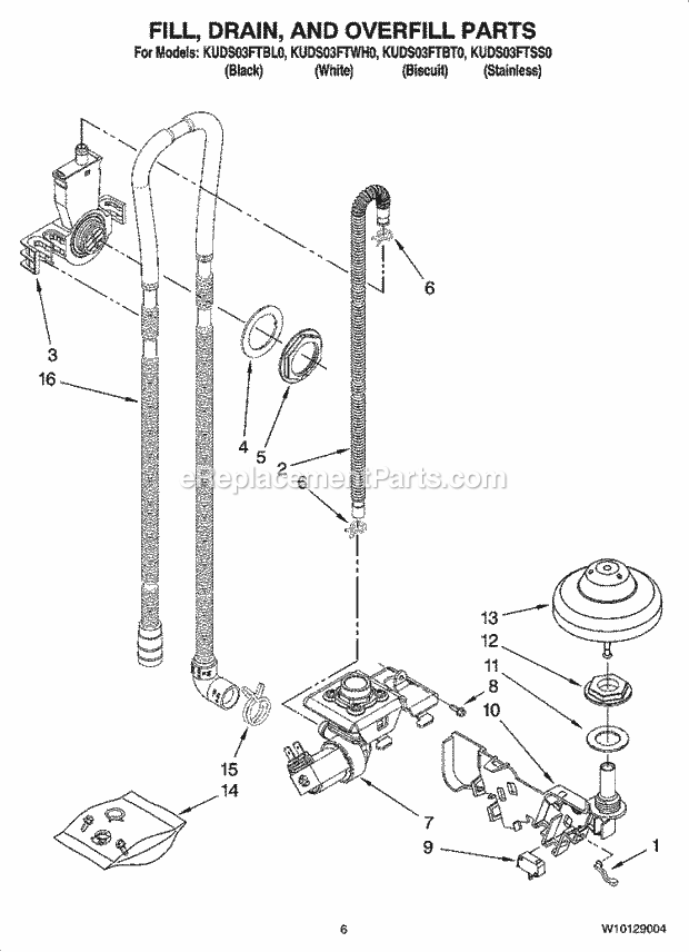 KitchenAid KUDS03FTSS0 Dishwasher Fill, Drain, and Overfill Parts Diagram