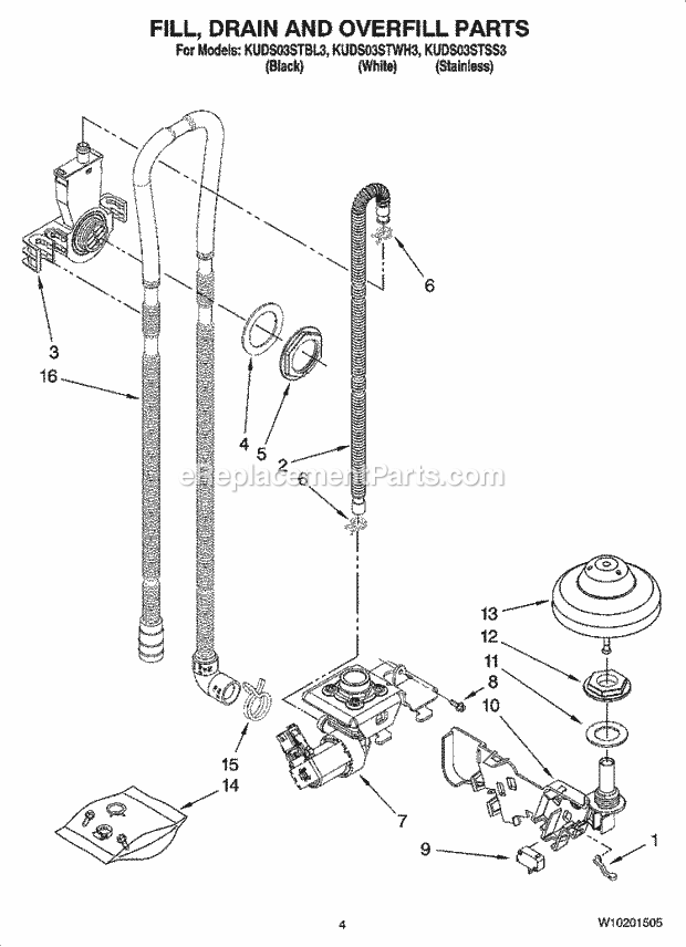 KitchenAid KUDS03STBL3 Dishwasher Fill, Drain and Overfill Parts Diagram