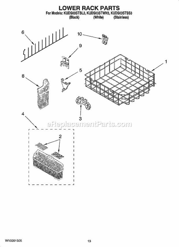 KitchenAid KUDS03STBL3 Dishwasher Lower Rack Parts Diagram