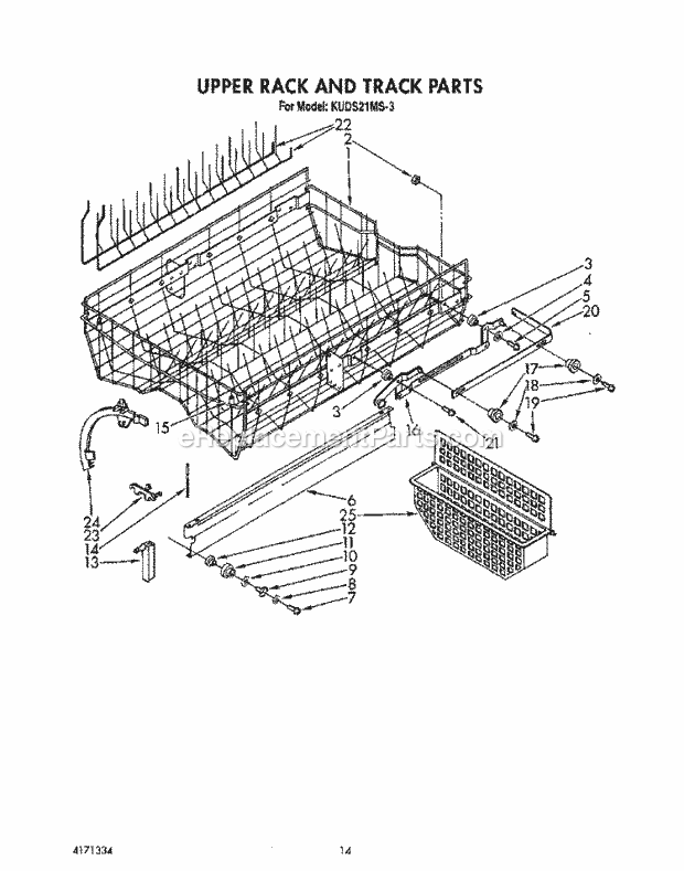 KitchenAid KUDS21MS3 Dishwasher Upper Rack and Track Diagram