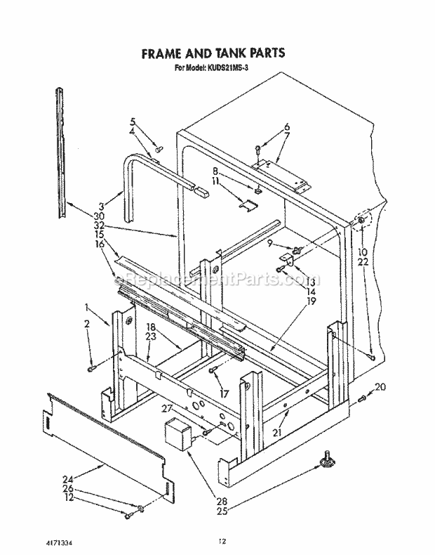 KitchenAid KUDS21MS3 Dishwasher Frame and Tank Diagram