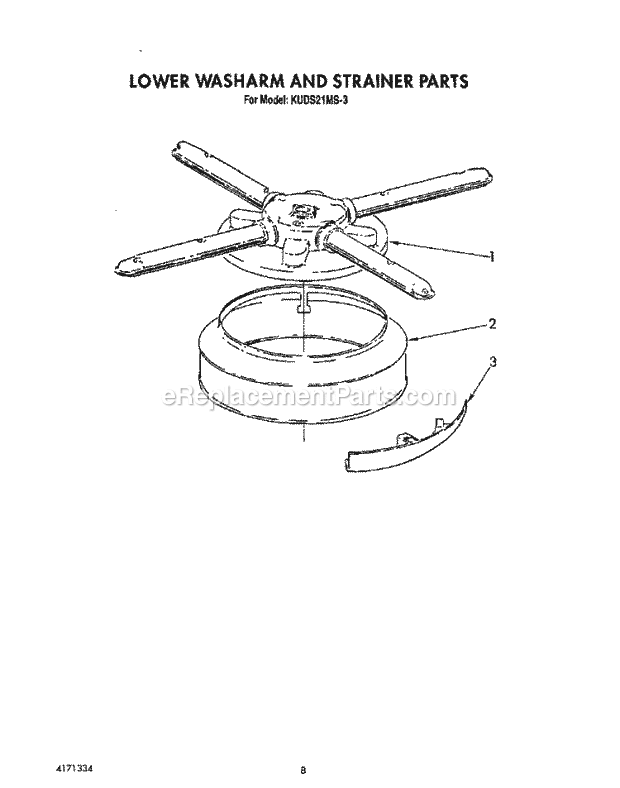 KitchenAid KUDS21MS3 Dishwasher Lower Washarm and Strainer Diagram