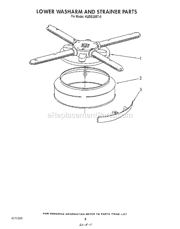 KitchenAid KUDS220ST0 Dishwasher Lower Wash Arm and Strainer Diagram