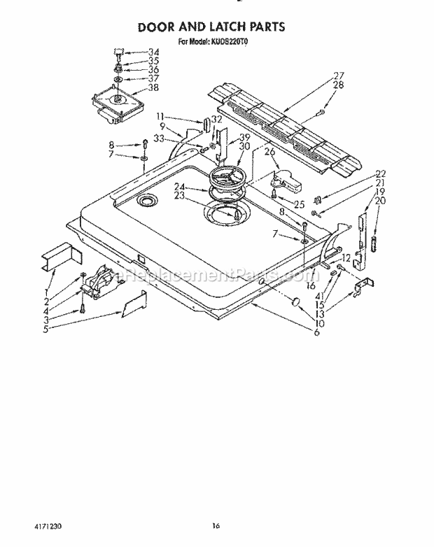 KitchenAid KUDS220T0 Dishwasher Door and Latch Diagram