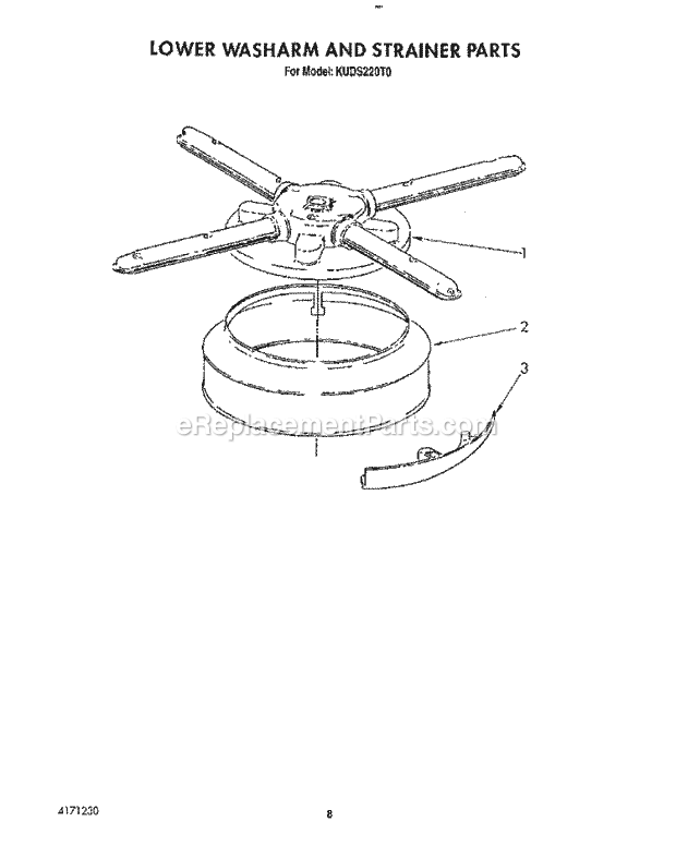 KitchenAid KUDS220T0 Dishwasher Lower Washarm and Strainer Diagram