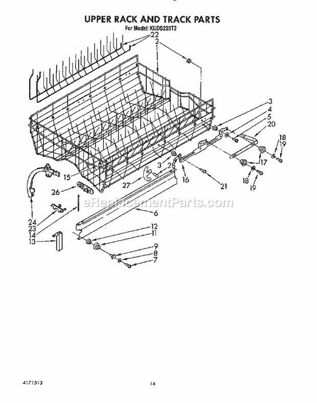 KitchenAid KUDS220T2 Dishwasher Upper Rack and Track Diagram