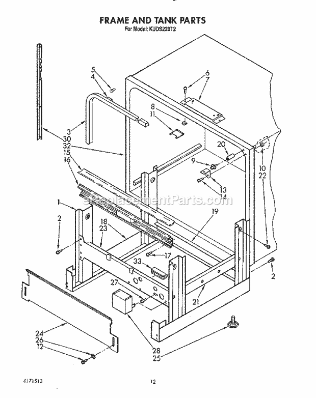 KitchenAid KUDS220T2 Dishwasher Frame and Tank Diagram