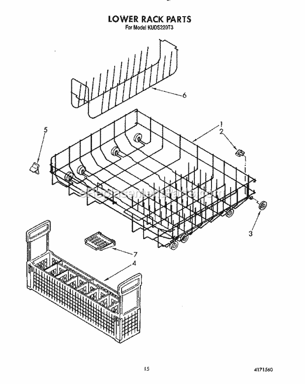 KitchenAid KUDS220T3 Dishwasher Lower Rack Diagram