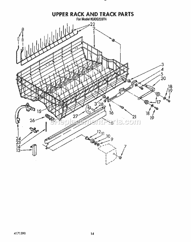 KitchenAid KUDS220T4 Dishwasher Upper Rack and Track Diagram