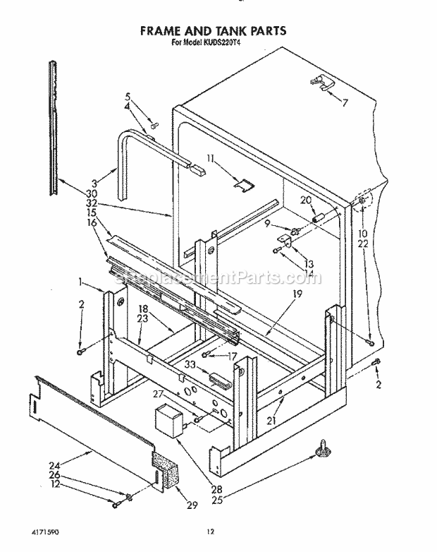 KitchenAid KUDS220T4 Dishwasher Frame and Tank Diagram