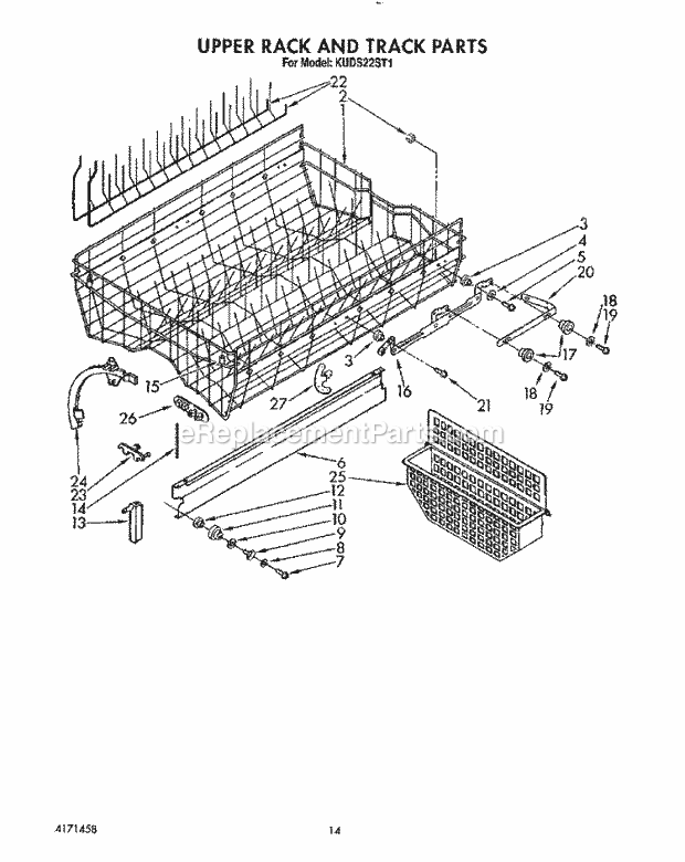 KitchenAid KUDS22ST1 Dishwasher Upper Rack and Track Diagram