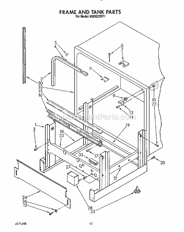 KitchenAid KUDS22ST1 Dishwasher Frame and Tank Diagram