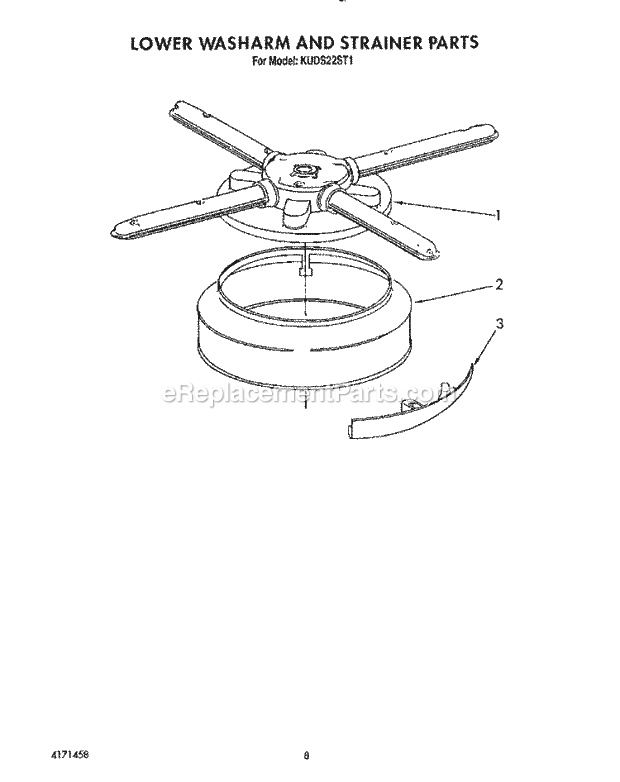 KitchenAid KUDS22ST1 Dishwasher Lower Washarm and Strainer Diagram